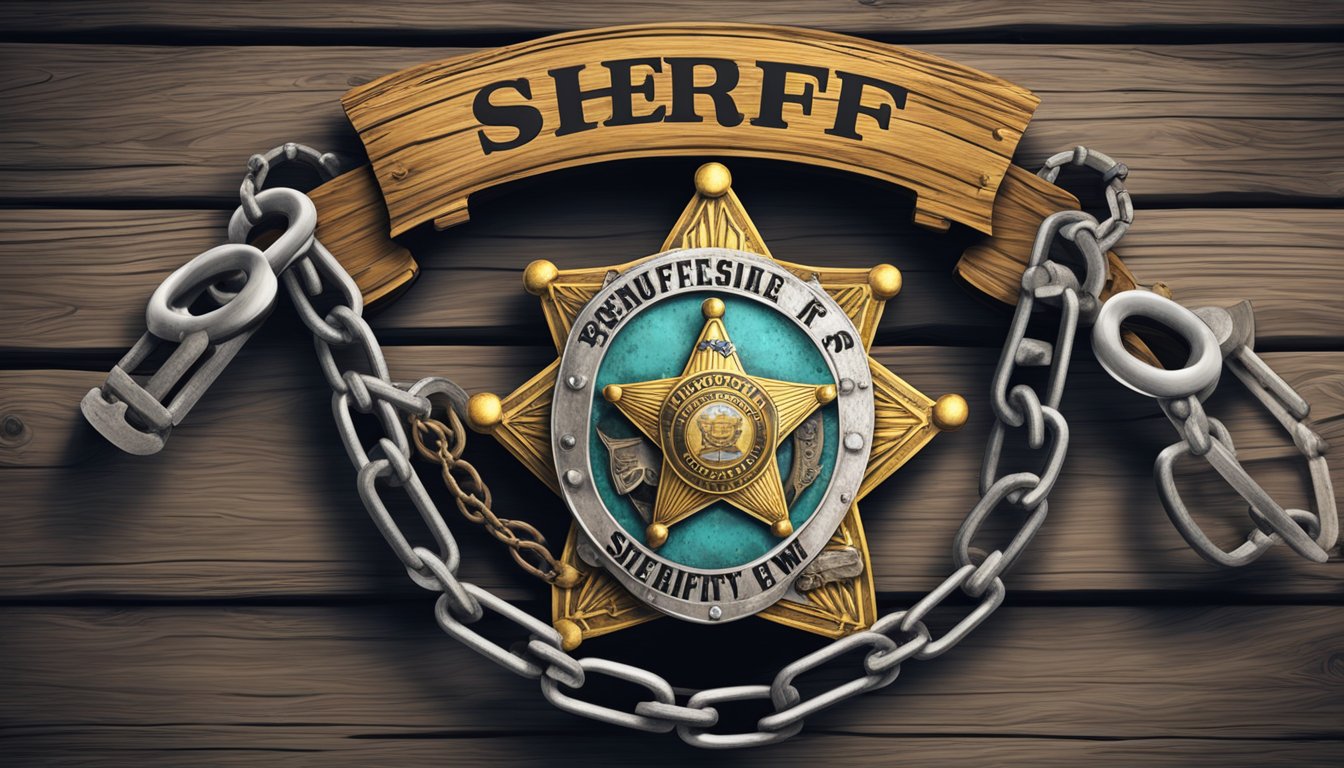 A sheriff's badge pinned to a weathered wooden signpost, with a pair of handcuffs dangling from a rusted chain