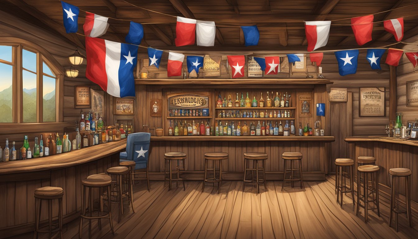 A rustic, western-themed bar adorned with Texas flags and cowboy memorabilia, with a prominent sign displaying "Licensing and Permits" for alcohol laws