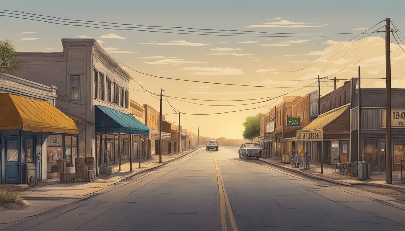 A dusty Texas road lined with liquor stores and bars