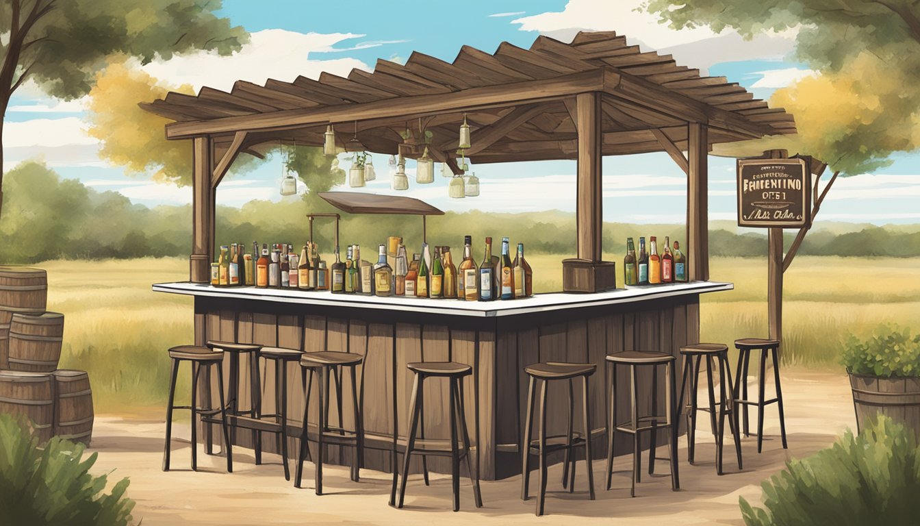 A rustic outdoor event with tables, chairs, and a bar serving drinks in Crockett County, Texas, with signs indicating special alcohol provisions