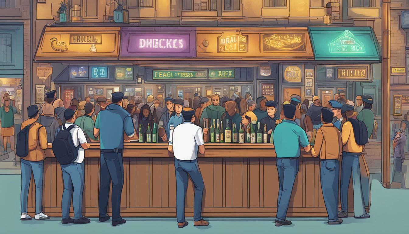 A crowded bar with ID checks at the entrance and visible signs displaying the legal drinking age. Police officers patrolling the area to enforce public safety