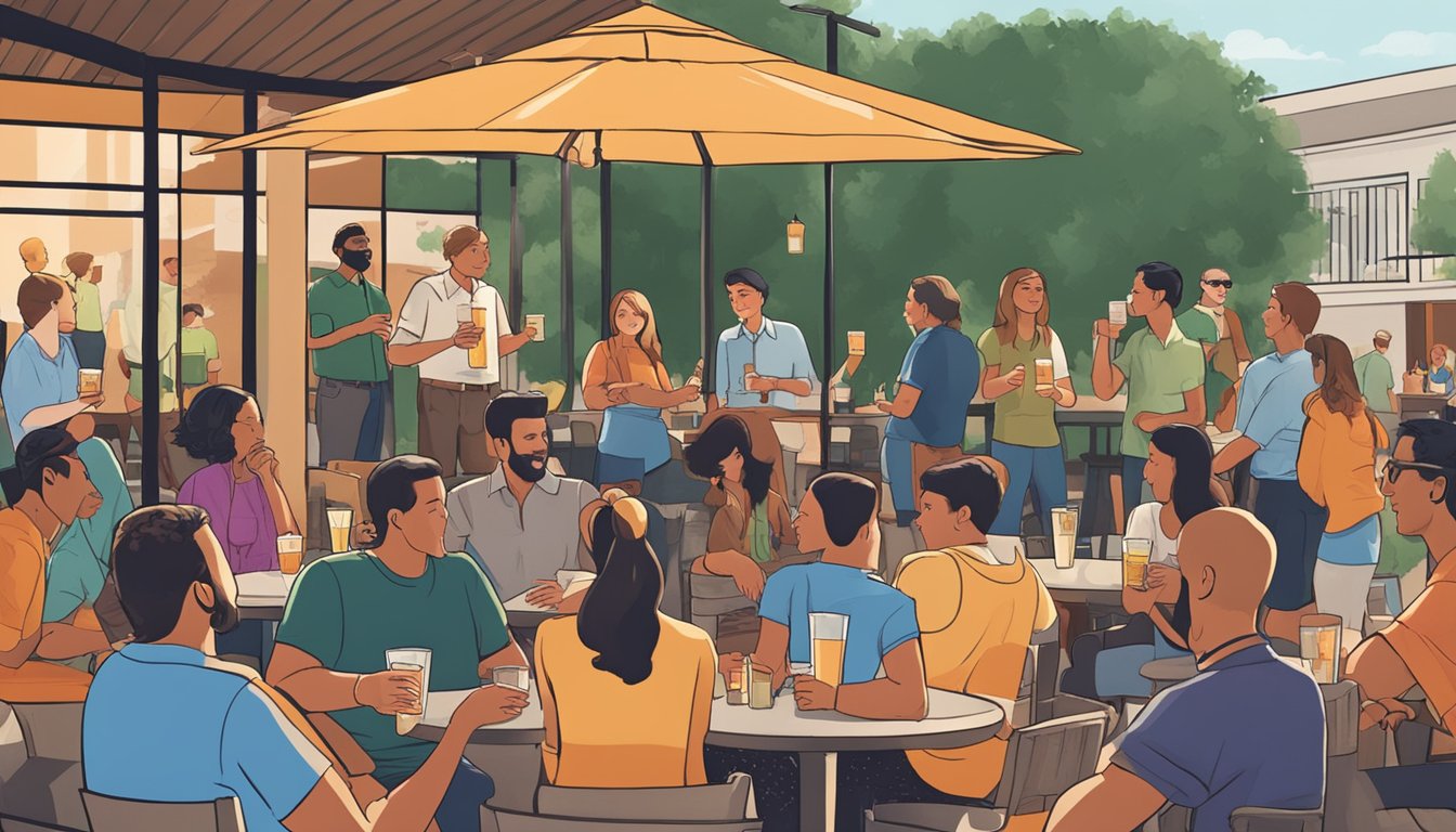 A group of people enjoying drinks at an outdoor patio, with signs displaying Collin County alcohol laws in the background