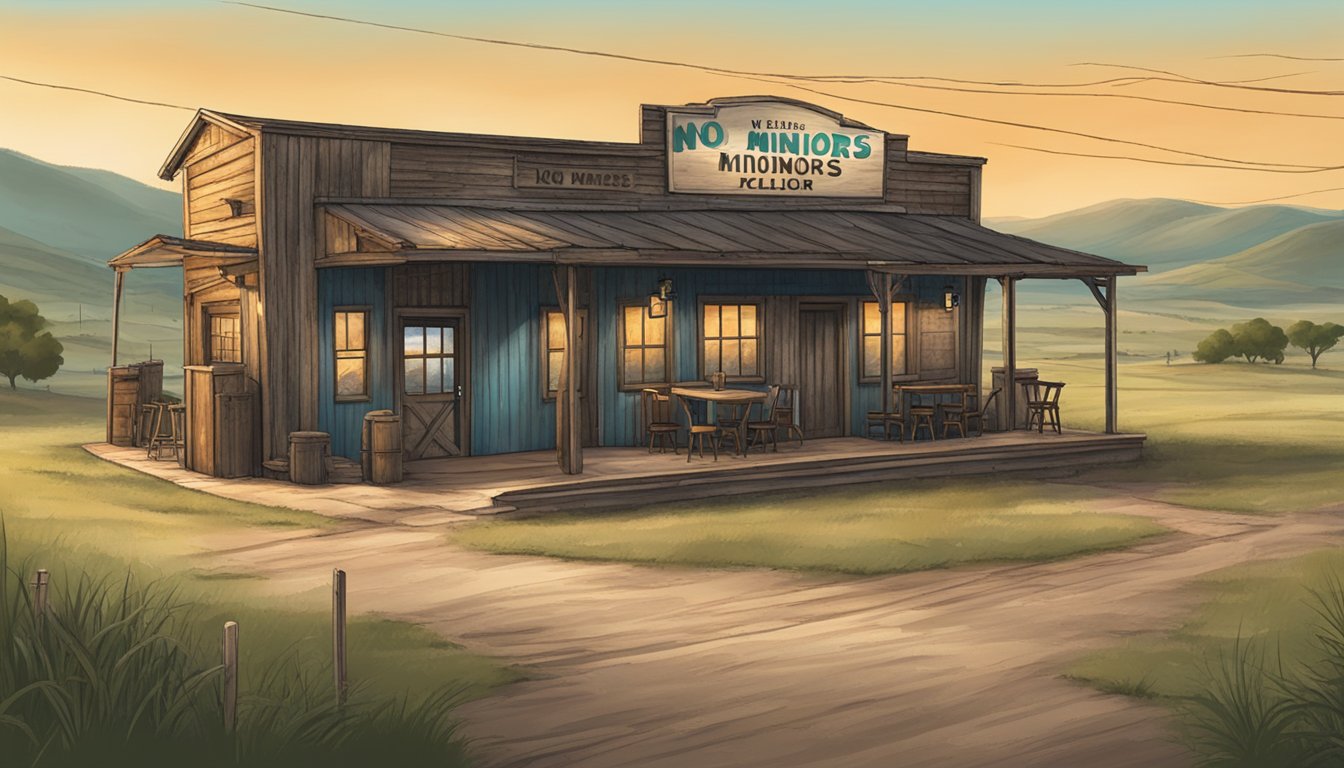 A rustic bar with a "No Minors" sign on the door, surrounded by rolling hills and a lone road in Delta County, Texas