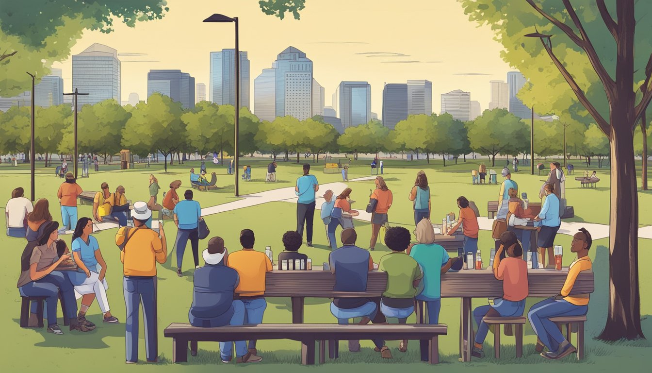 A group of people drinking alcohol in a public park in Collin County, Texas, while signs displaying alcohol laws are posted nearby