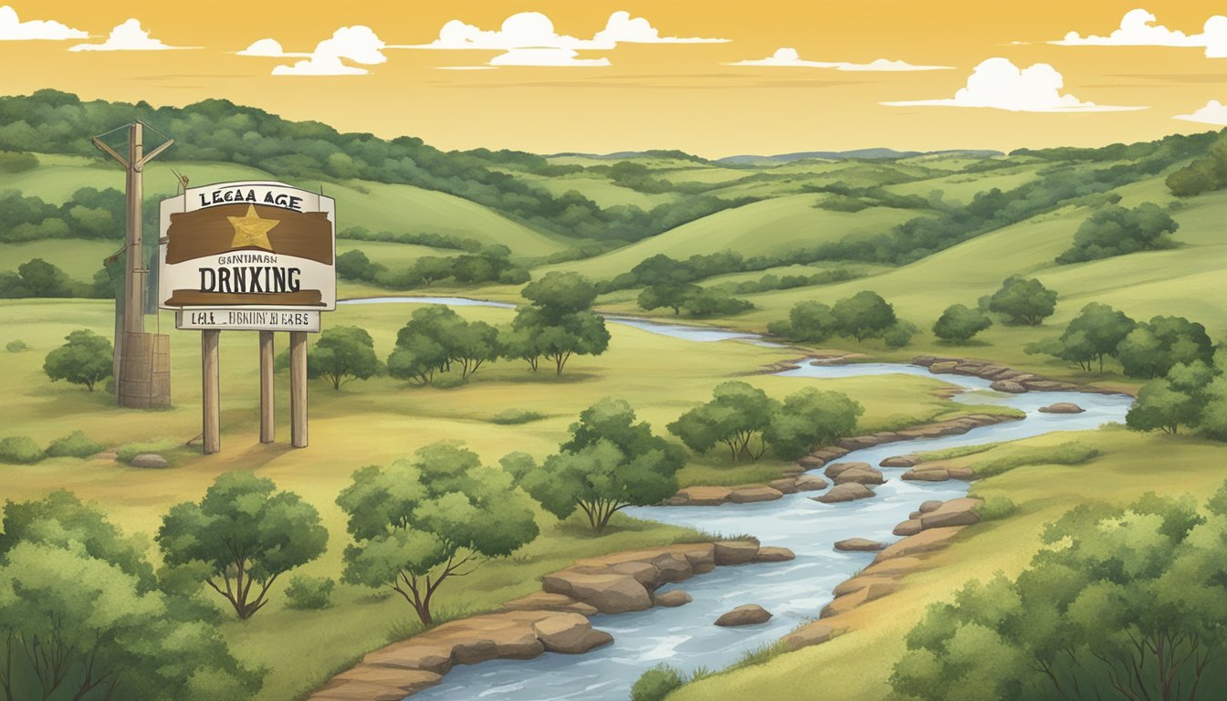 A Texas landscape with a sign displaying "Legal Drinking Age" and a map of Coryell County