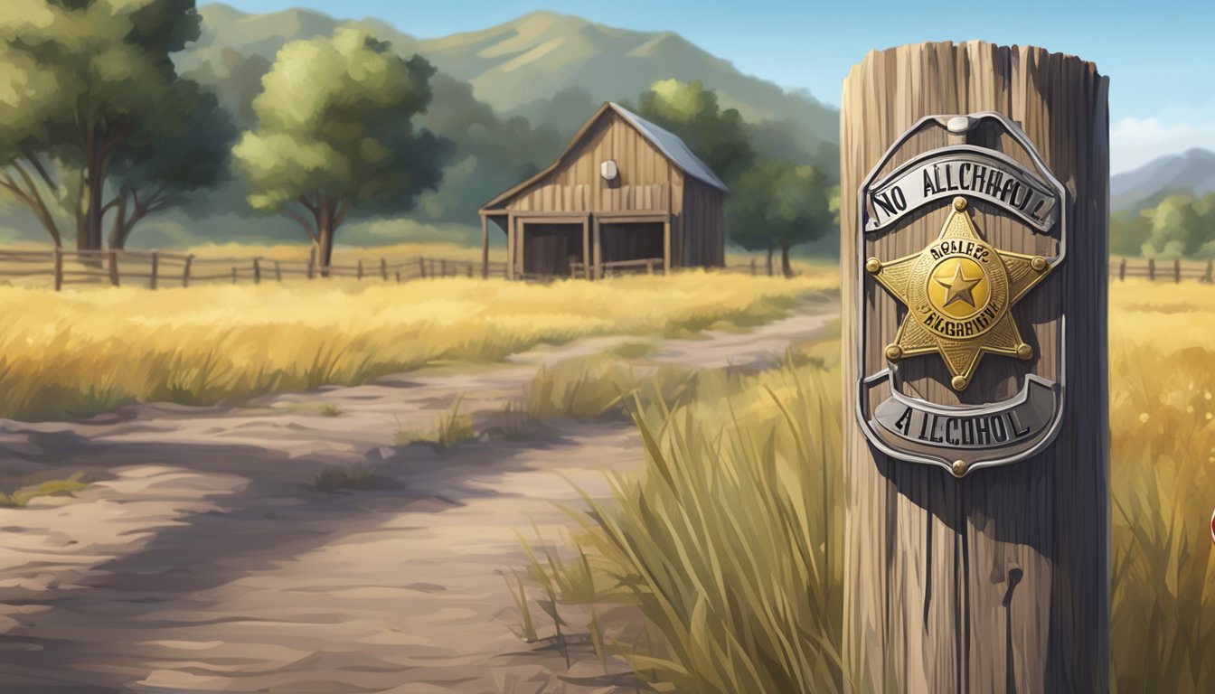 A sheriff's badge pinned to a wooden post next to a "No Alcohol" sign in a deserted rural setting