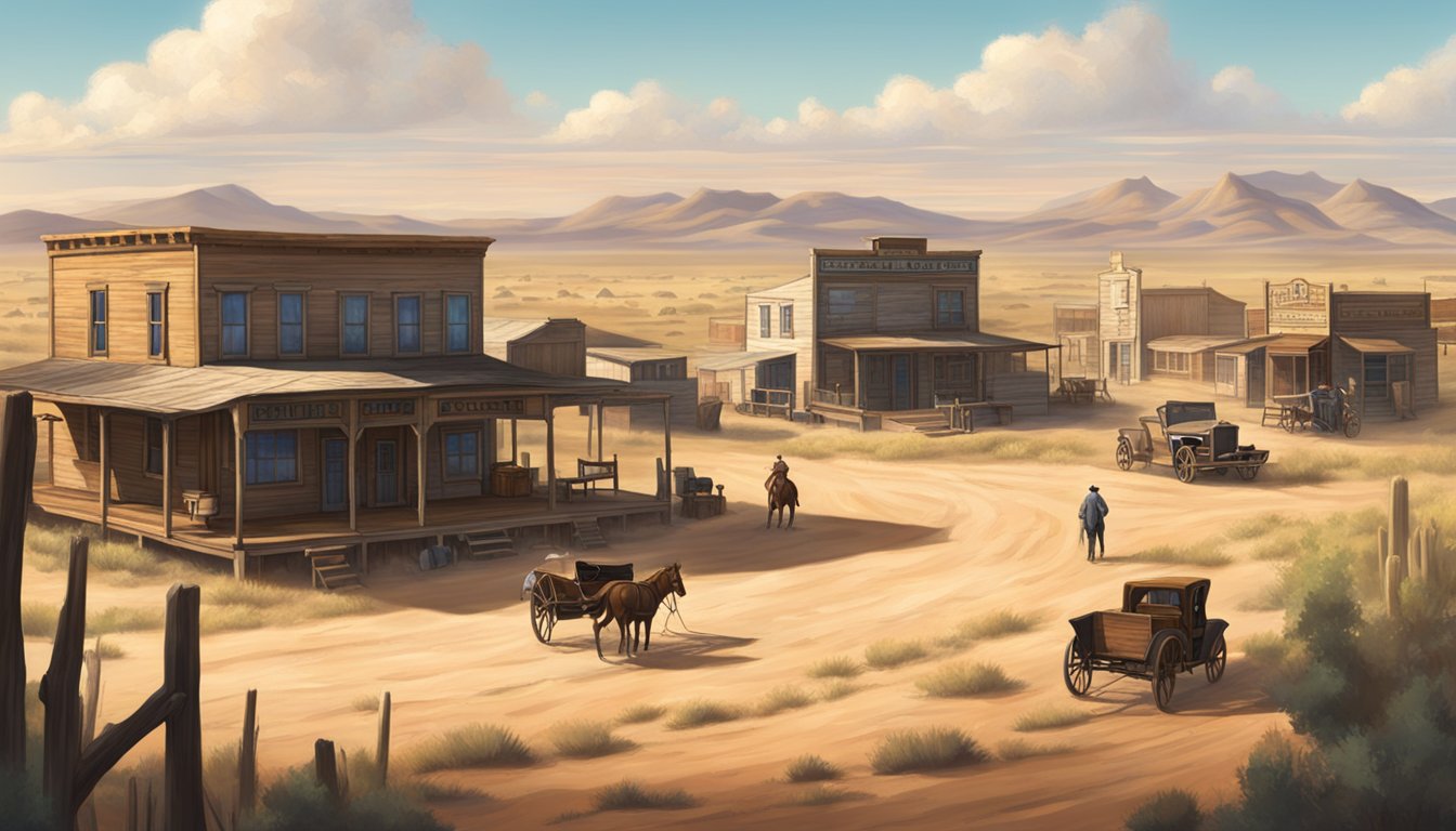 A dusty western town with a saloon and a sheriff's office, surrounded by vast open plains under a big Texas sky