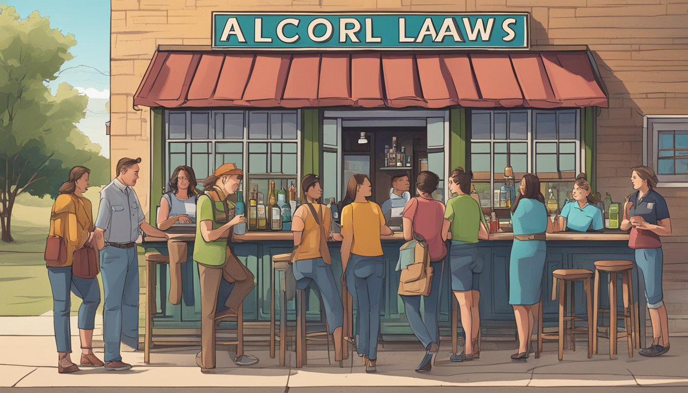 A group of people outside a bar in Coryell County, Texas, with a sign displaying alcohol laws