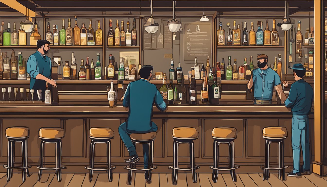 A bar scene with patrons and bartenders, displaying various alcoholic beverages and signage indicating Texas Alcoholic Beverage Code regulations