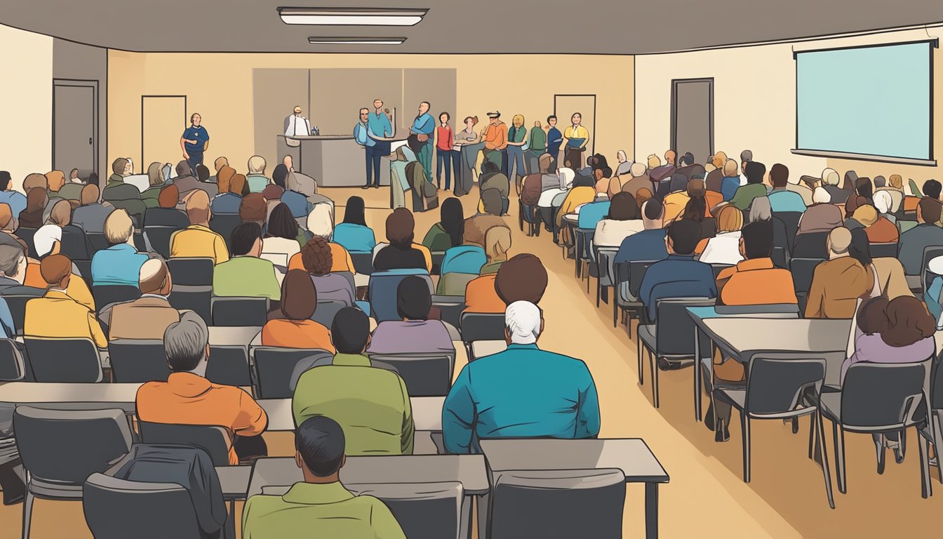 A group of people attending an educational seminar on alcohol and drinking laws in Coryell County, Texas. The speaker is presenting information while the audience listens attentively