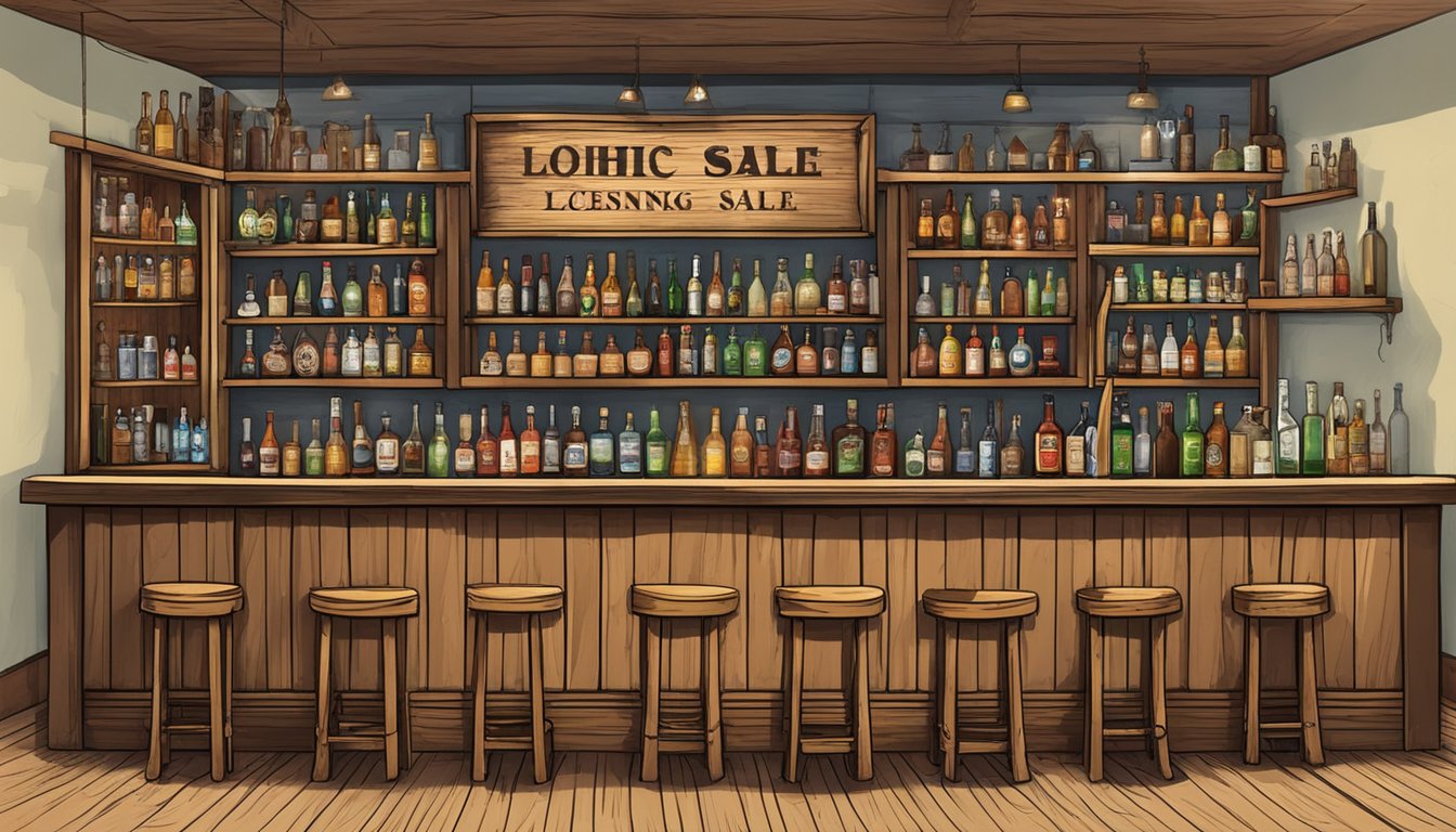 A rustic bar in Cochran County, Texas, with shelves of various alcoholic beverages and a sign with licensing and sale laws displayed prominently