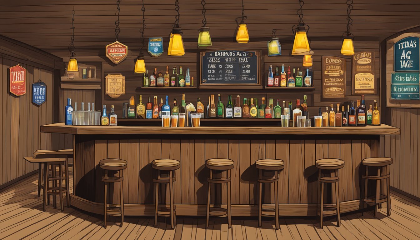 A rustic Texas bar with signs displaying the legal drinking age and county alcohol regulations