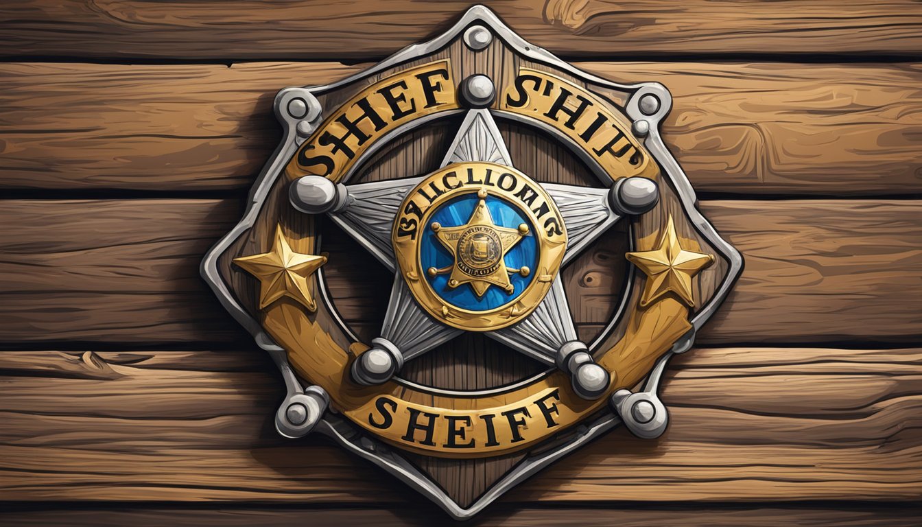 A sheriff's badge pinned to a weathered wooden post outside a saloon