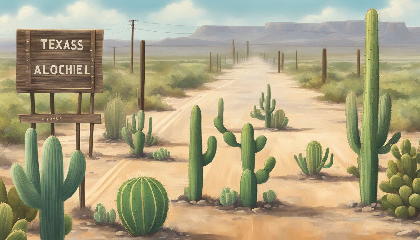 A dusty Texas road lined with cactus and a weathered wooden sign displaying the Texas Alcoholic Beverage Code for Crosby County