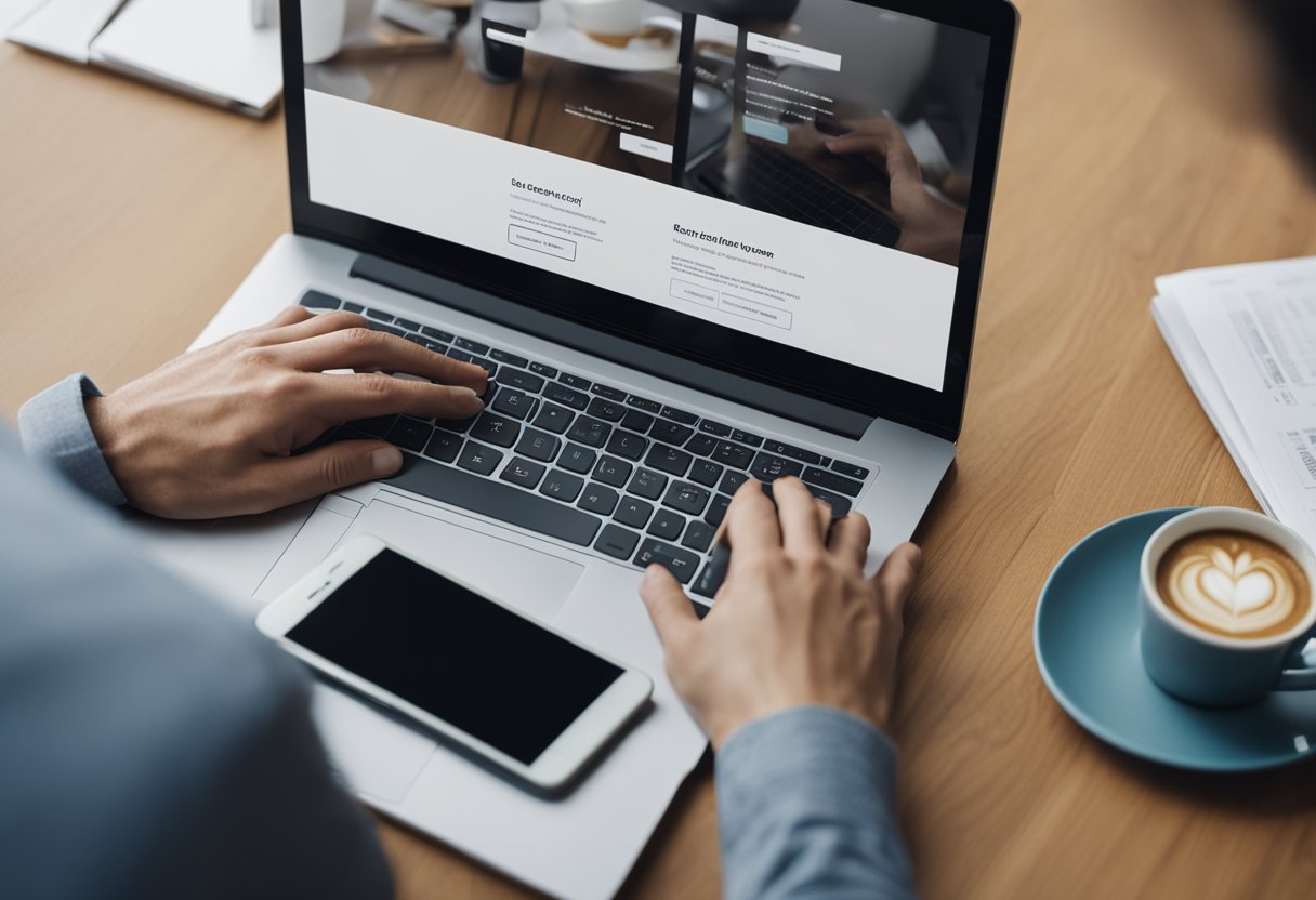 A person using a laptop to research and select relevant topics for a room rental app blog, surrounded by notebooks and coffee