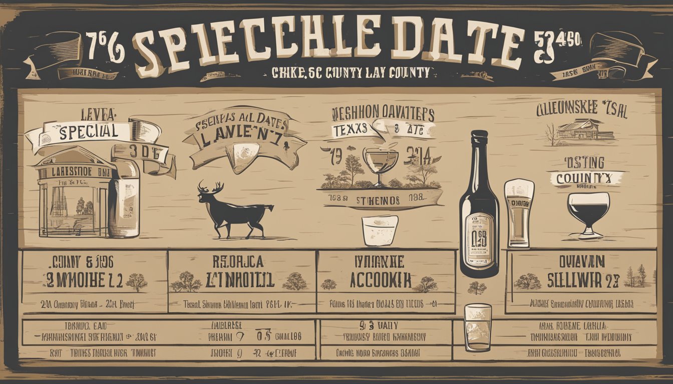 A sign displaying the special dates and alcohol laws of Cherokee County, Texas, with relevant symbols and imagery