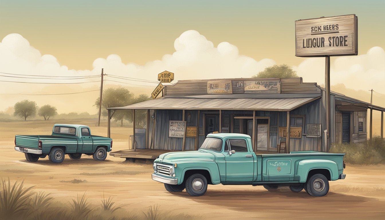 A dusty rural Texas landscape with a small liquor store sign and a row of pickup trucks parked outside