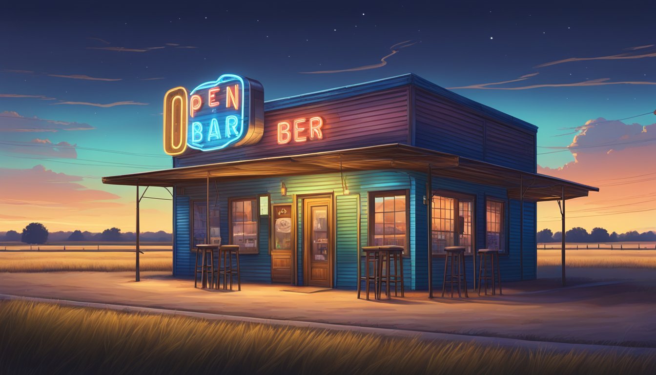 A small town bar with a neon "Open" sign, surrounded by vast fields and a clear blue sky in Crosby County, Texas