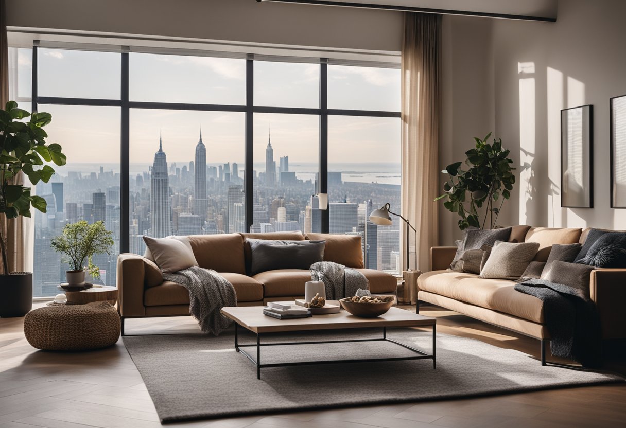 A cozy living room with a comfortable couch, a modern coffee table, and a large window with a view of a bustling city street