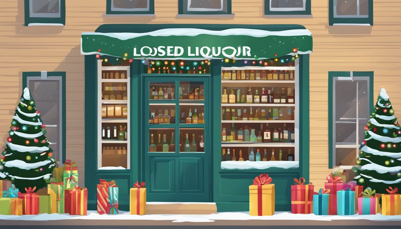 A small town liquor store with a "closed" sign on the door, surrounded by festive holiday decorations