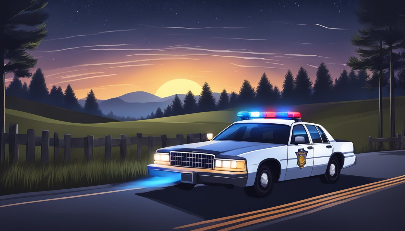 A police car pulling over a car on a rural road at night. Flashing lights illuminate the scene as the officer approaches the driver