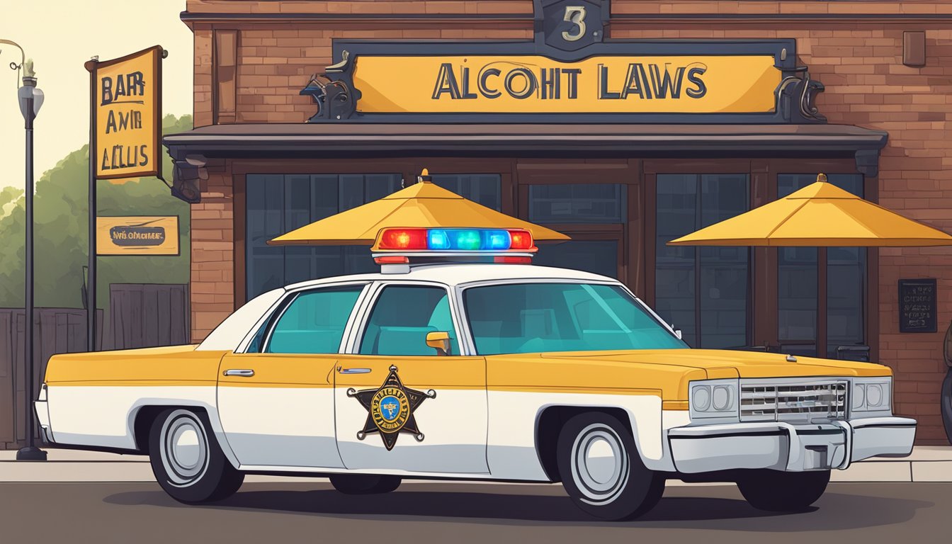 A sheriff's car parked outside a bar, with a sign displaying alcohol laws