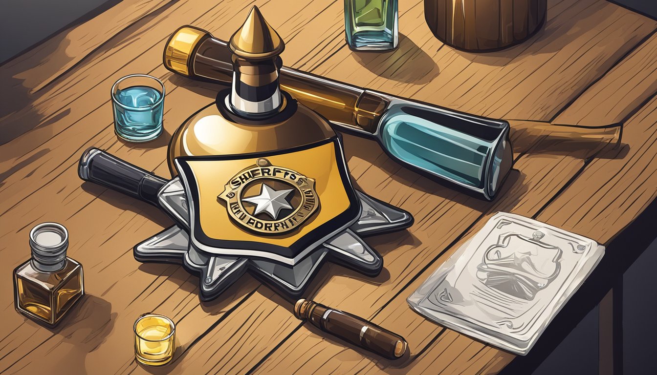 A sheriff's badge and a bottle of alcohol on a table