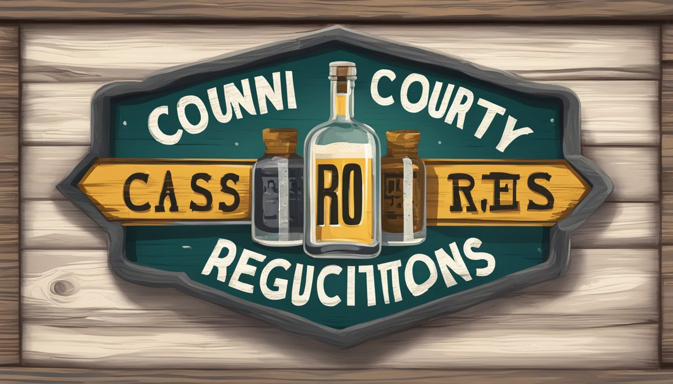 A rustic sign displaying "Cass County Specific Regulations" with a crossed-out alcohol bottle and drinking glass symbol