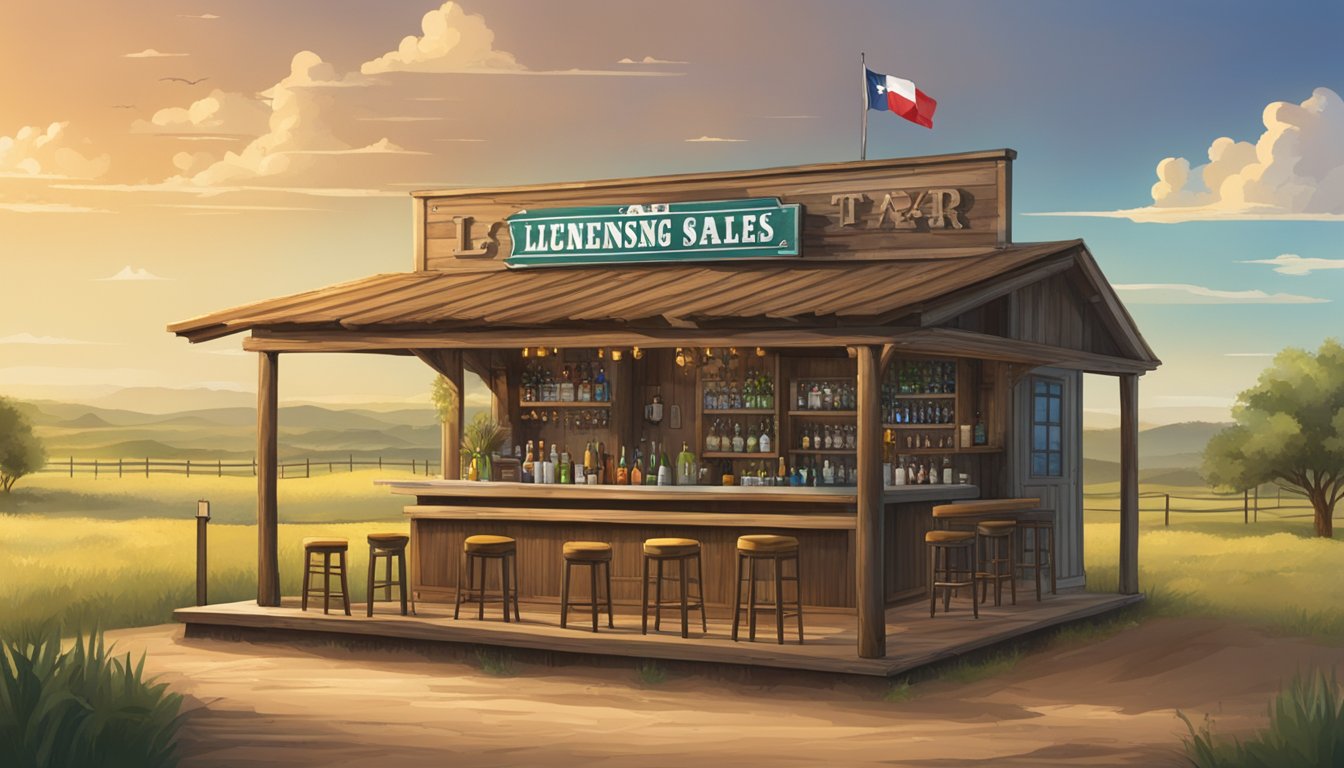 A rustic bar with a "Licensing and Sales" sign, surrounded by Texas countryside