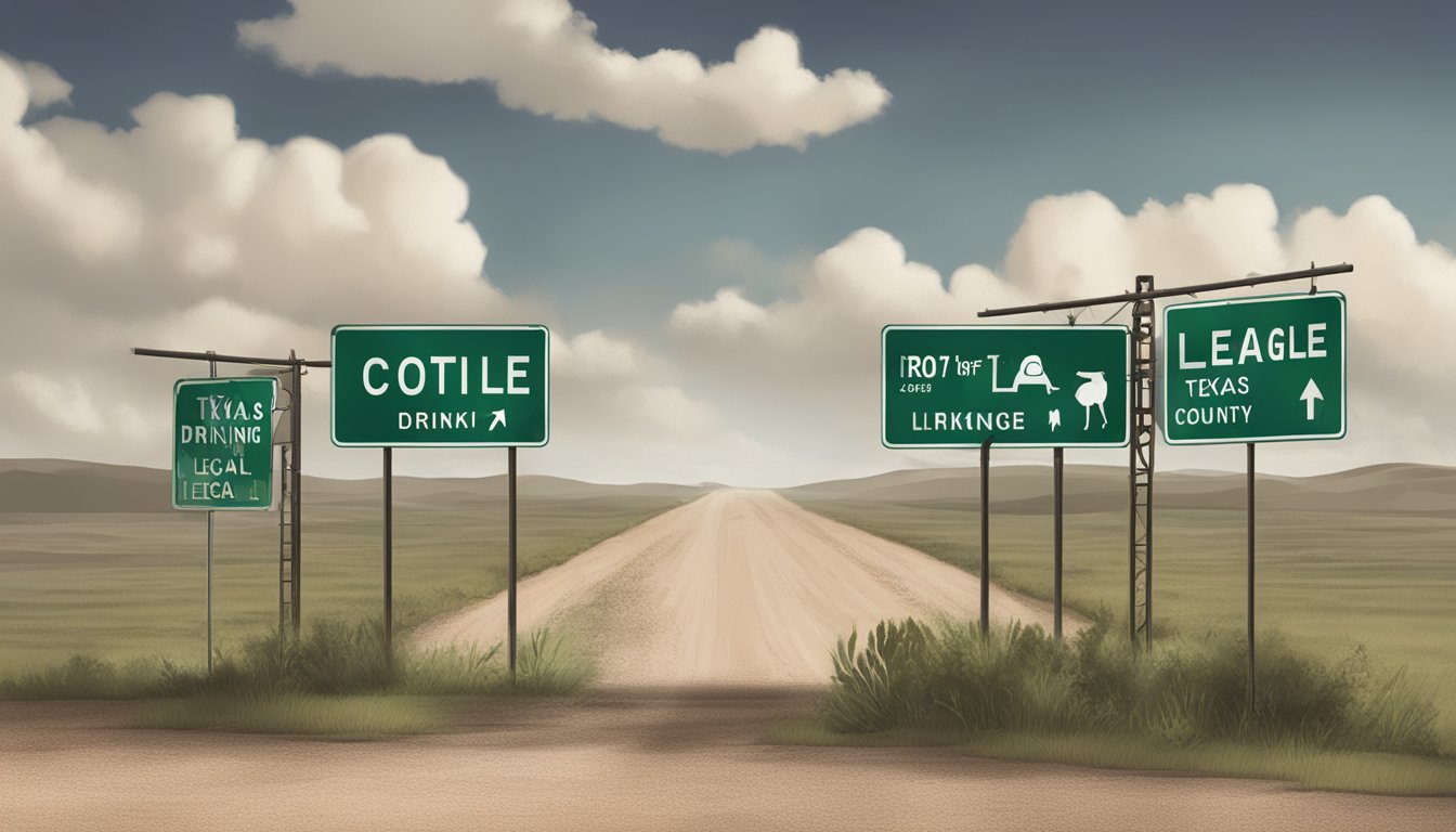 A dusty Texas road sign with "Cottle County" and "Legal Drinking Age" displayed prominently