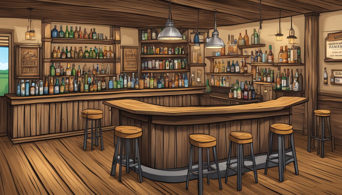 A rustic bar with Texas-themed decor, shelves stocked with alcohol, and a sign displaying local drinking laws