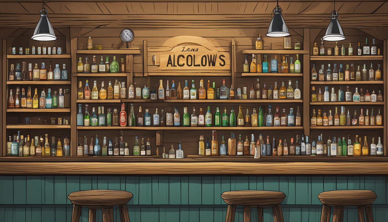 A rustic bar in Cottle County, Texas, with shelves of various alcoholic beverages and a sign displaying local alcohol and drinking laws