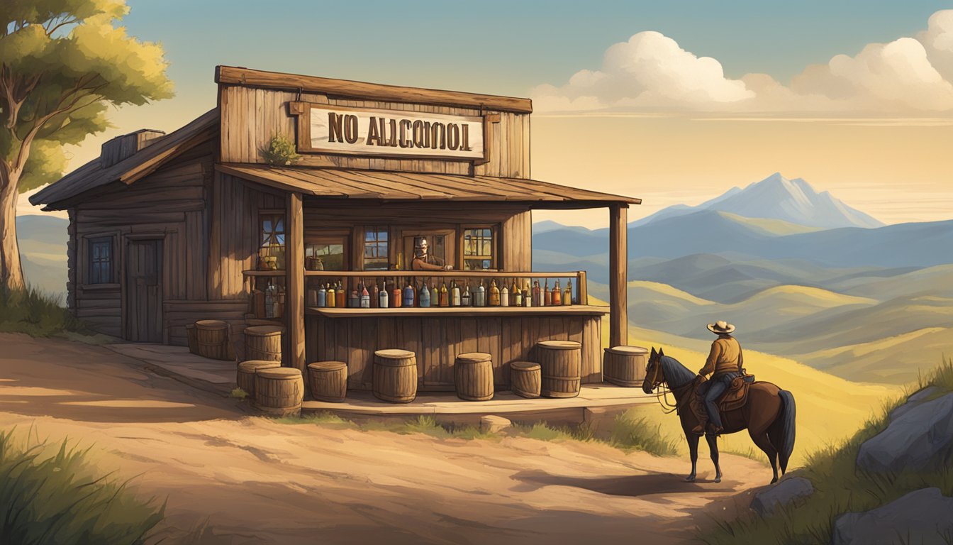 A rustic bar with a "No Alcohol Beyond This Point" sign, surrounded by rolling hills and a lone cowboy on horseback