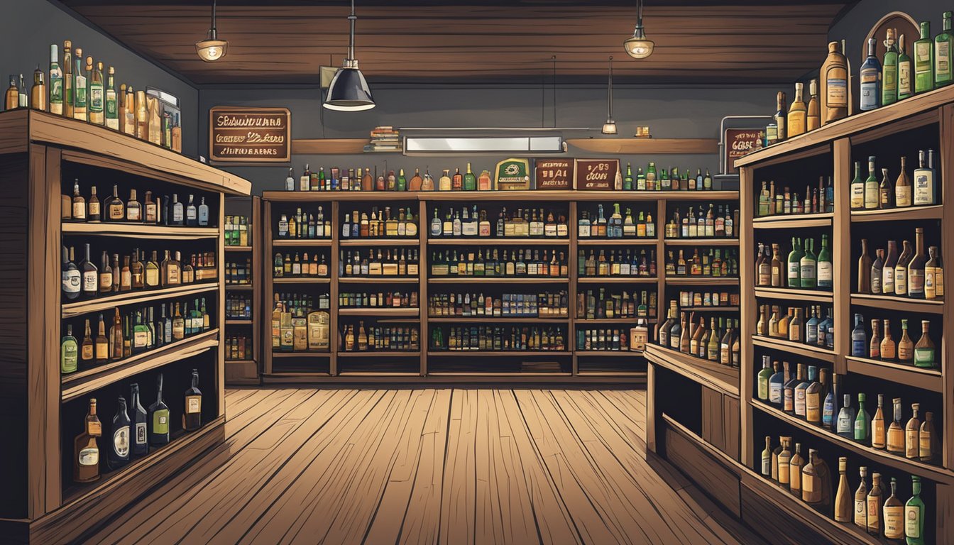 A small liquor store in Cottle County, Texas, with shelves lined with various bottles of alcohol and a sign displaying the county's drinking laws