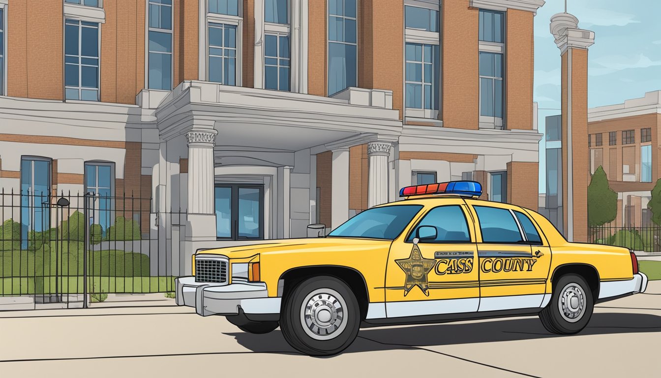 A sheriff car parked outside a courthouse with a sign displaying "Cass County Alcohol and Drinking Laws" in the background