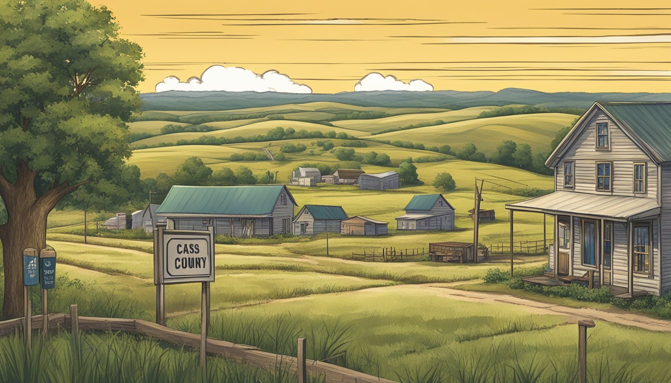 A rural landscape with a small town in the background, featuring a sign displaying alcohol and drinking laws for Cass County, Texas