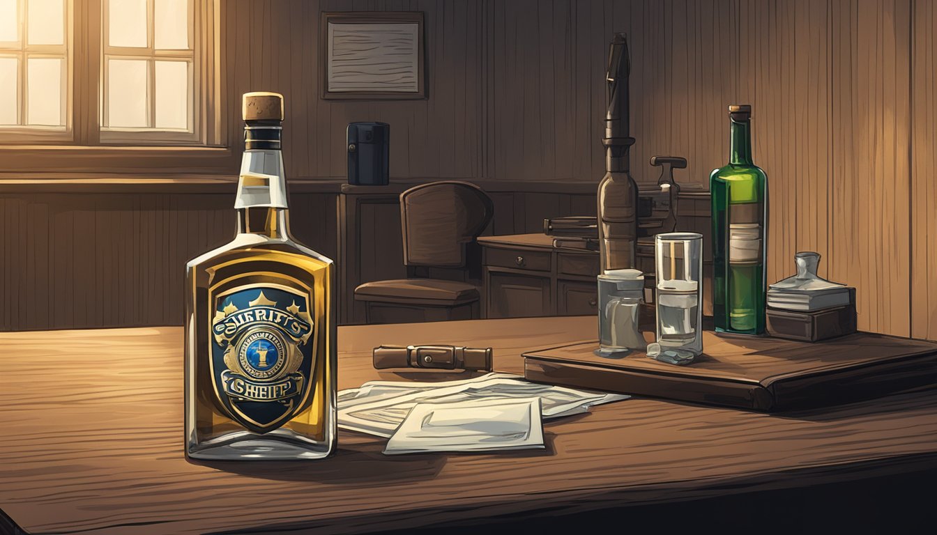 A sheriff's badge and a bottle of alcohol on a table in a dimly lit county office