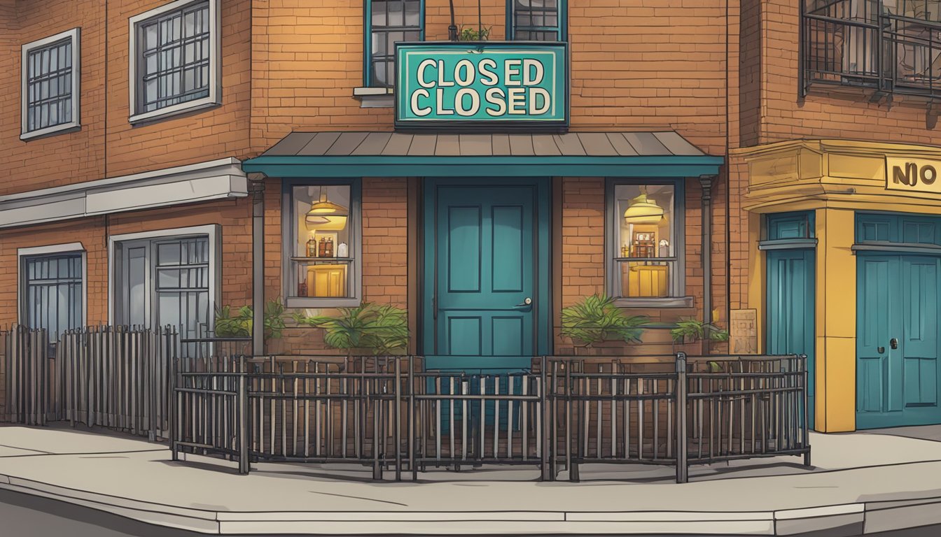 A bar with a "Closed" sign, surrounded by a fence and a "No Alcohol Beyond This Point" sign