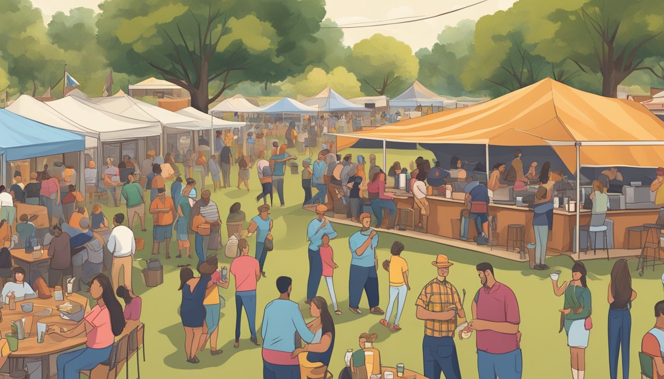 A crowded outdoor event with tents, food trucks, and a stage, where people are socializing and enjoying alcoholic beverages in Cameron County, Texas