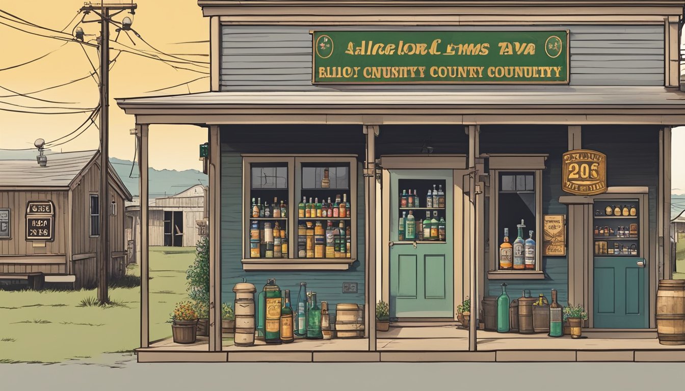 A rural Texas town with a small liquor store, a clock showing the restricted alcohol sales hours, and a sign displaying the county's alcohol laws