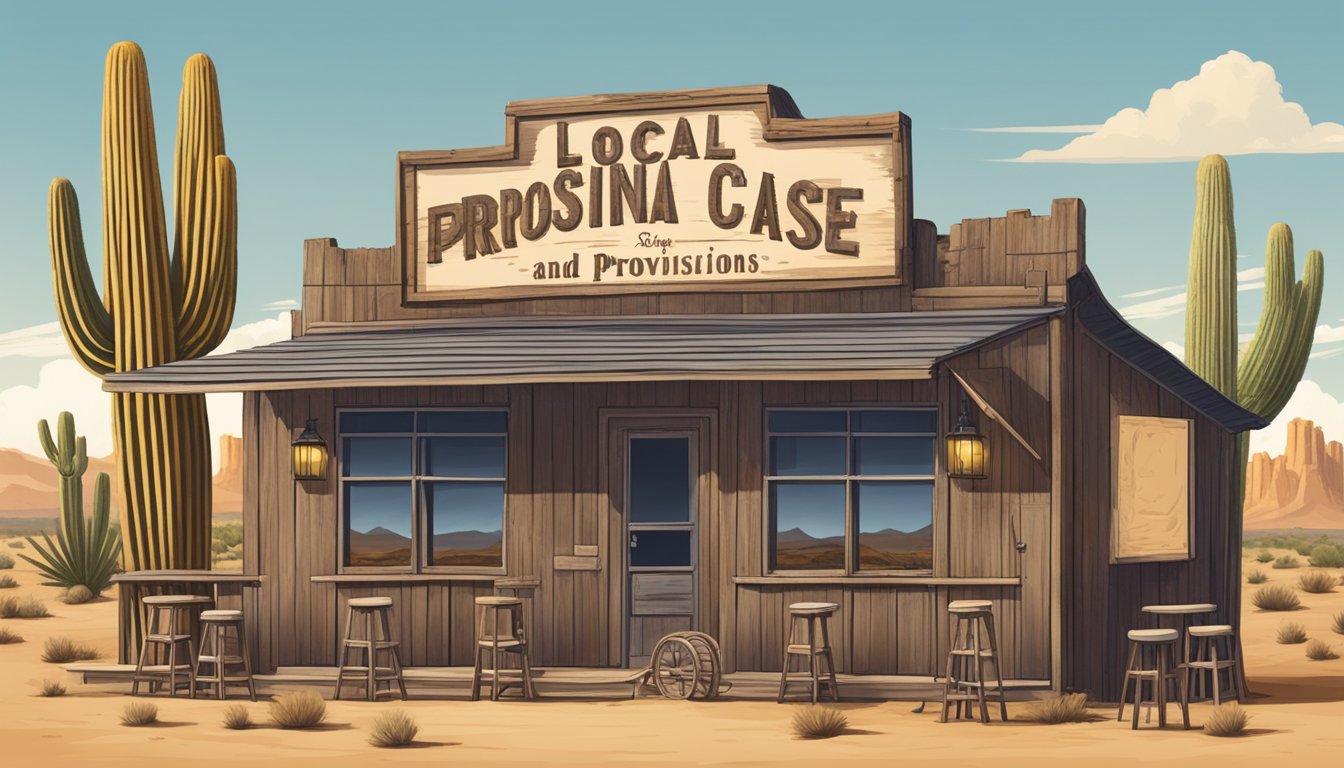 A rustic Texan bar with a "Local Provisions and Special Cases" sign, surrounded by dry desert landscape