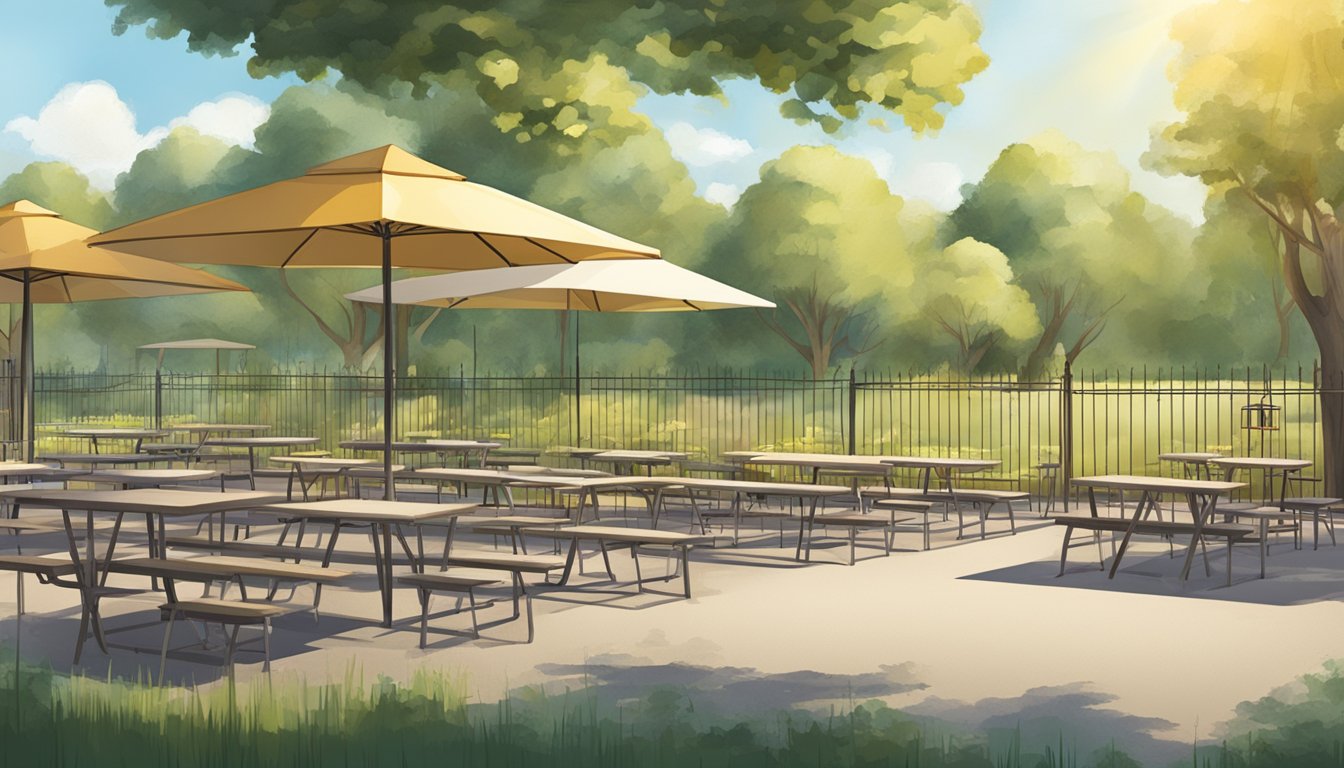 A sunny outdoor picnic area with tables and chairs, surrounded by a fence and clearly marked as an Authorized Consumption Area