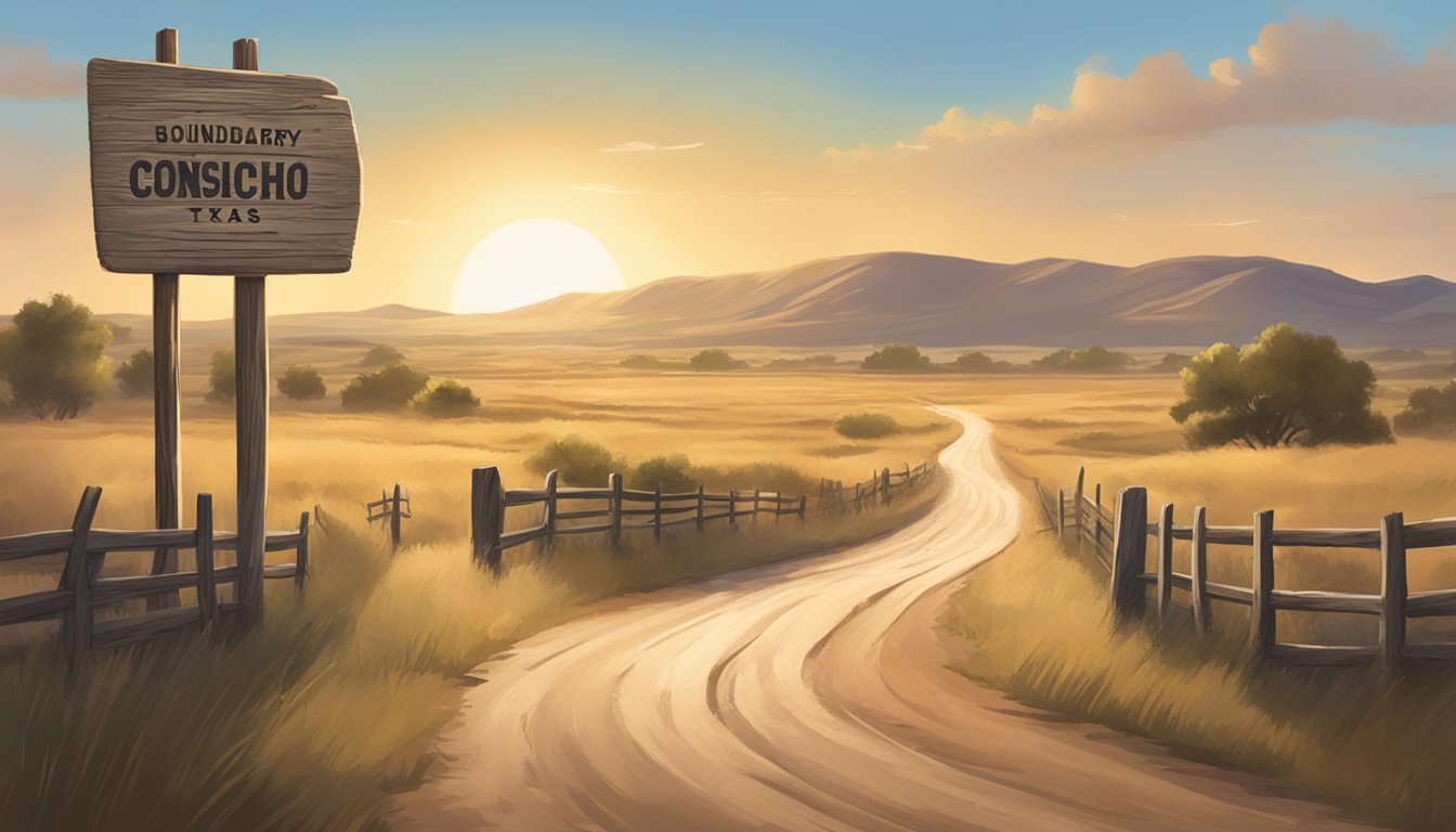 A dusty rural road winds past a weathered wooden sign marking the boundary of Concho County, Texas. A sheriff's badge glints in the sunlight