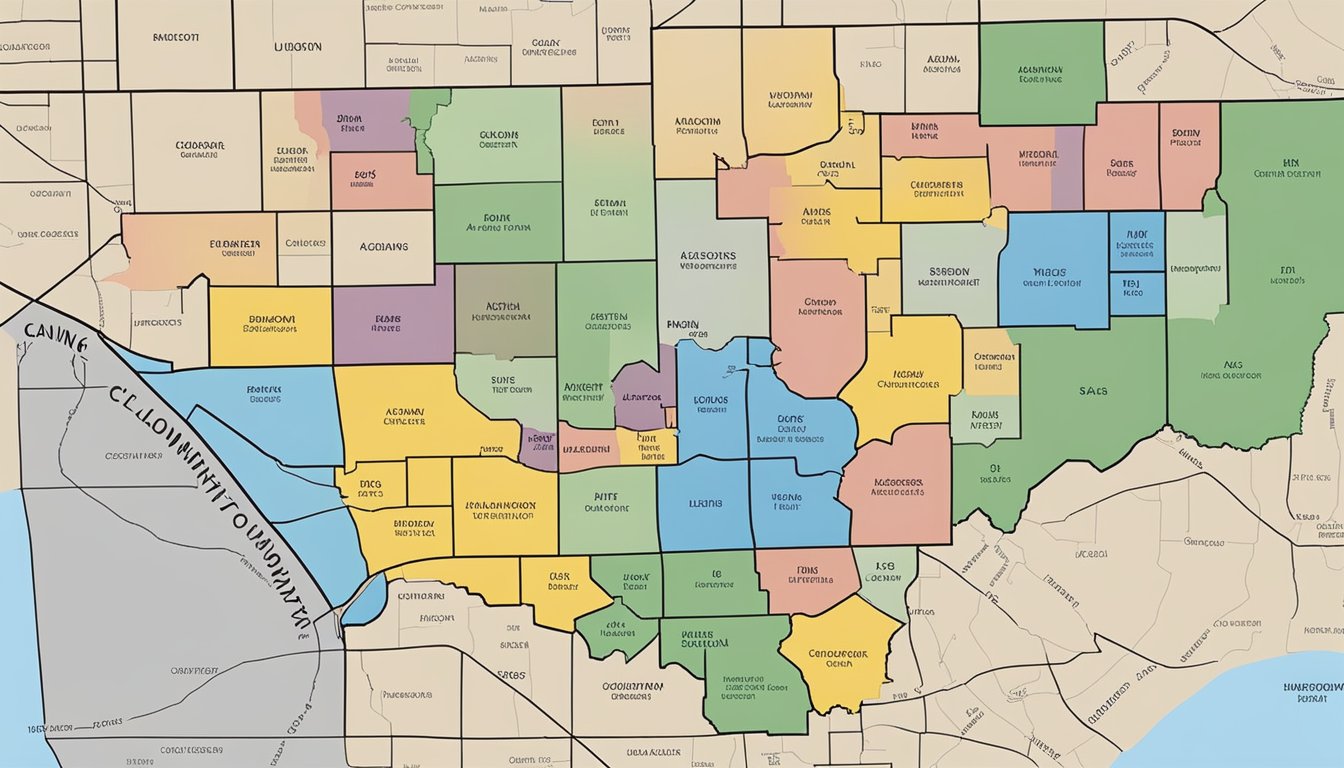 The scene shows a map of Collingsworth County, Texas with various regions highlighted to depict the impact of alcohol and drinking laws on the surrounding areas