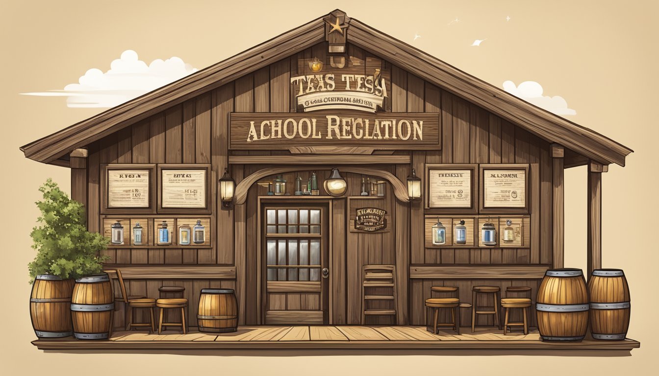 A rustic Texas saloon with a sign displaying alcohol regulations