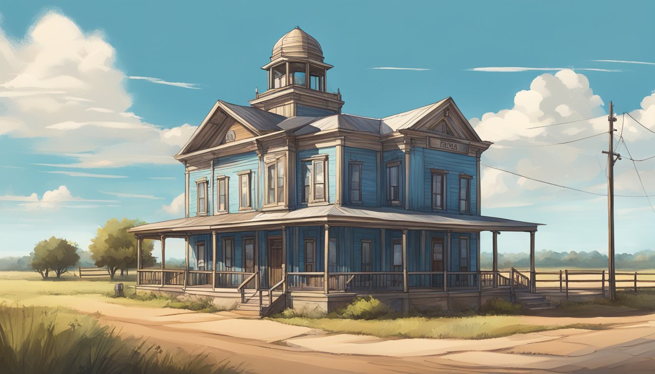 A rustic Texas town with a small courthouse, surrounded by open fields and a clear blue sky