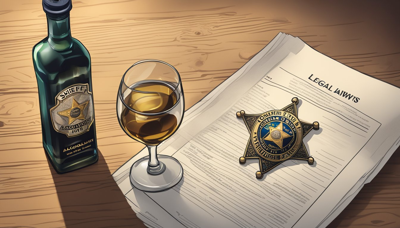 A sheriff's badge and a bottle of alcohol on a table, with a legal document outlining alcohol laws in Caldwell County, Texas