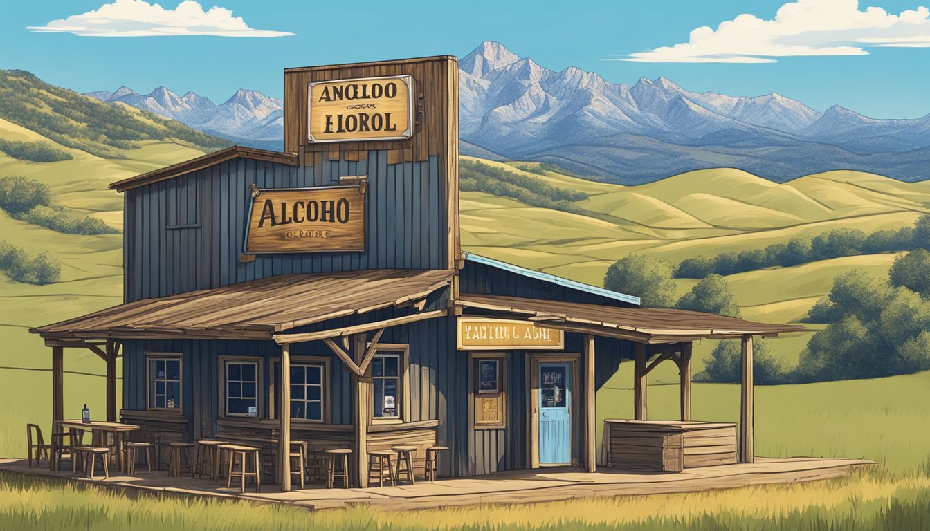 A rustic bar with a large sign advertising alcohol, surrounded by rolling hills and a clear blue sky in Colorado County, Texas