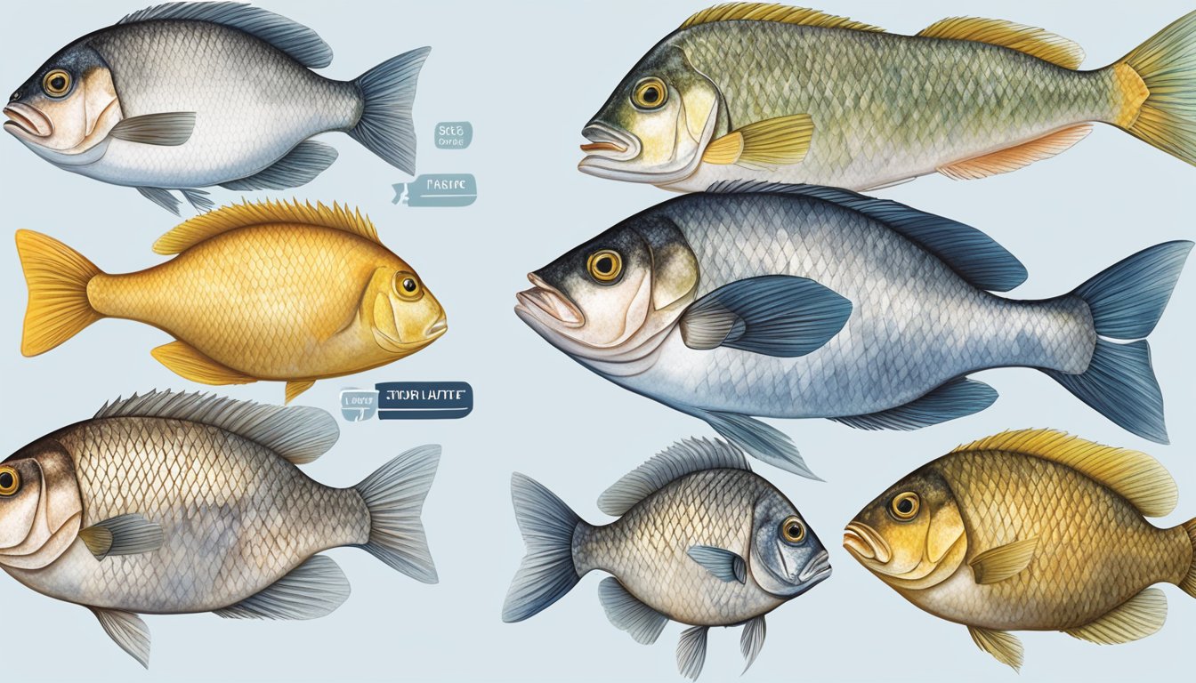 A side-by-side comparison of a frozen and fresh tilapia, with clear differences in texture, color, and overall appearance