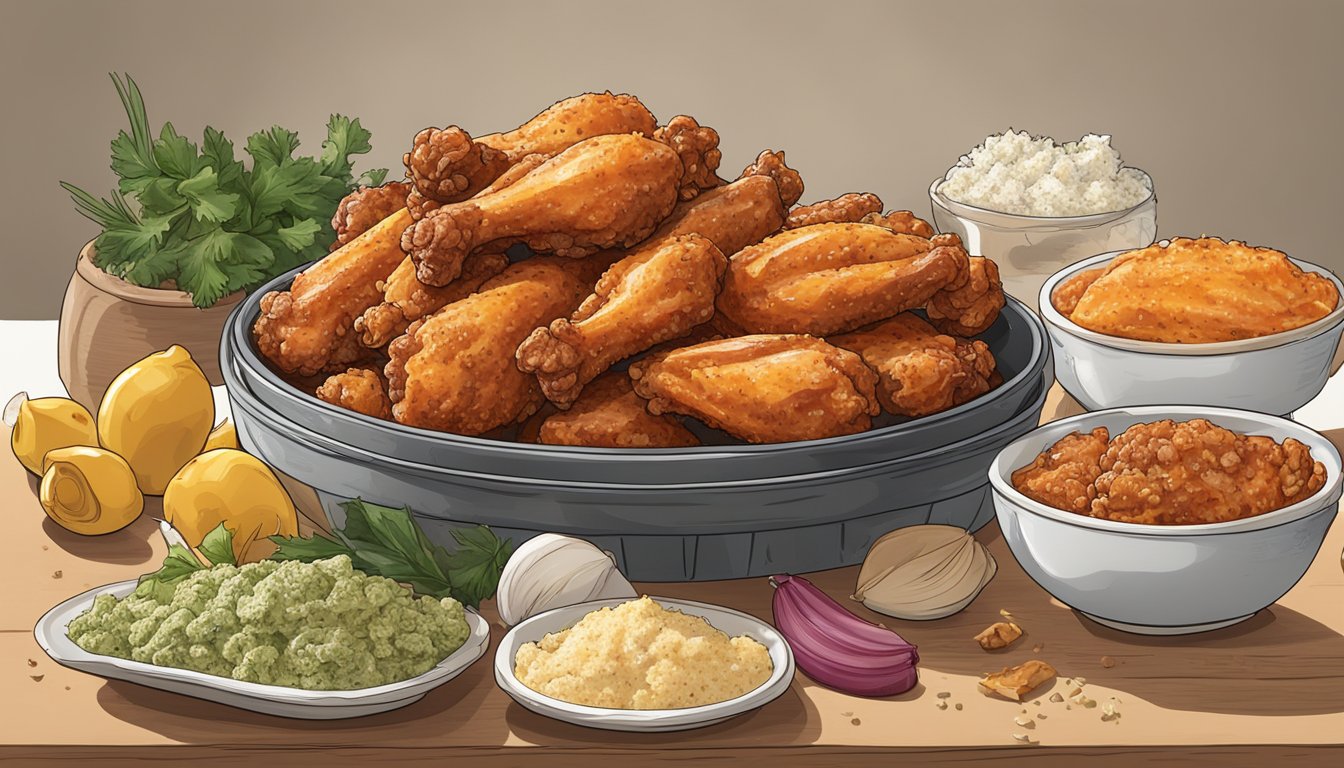 A pile of fresh chicken wings sits next to a stack of frozen wings, both surrounded by ingredients and seasonings